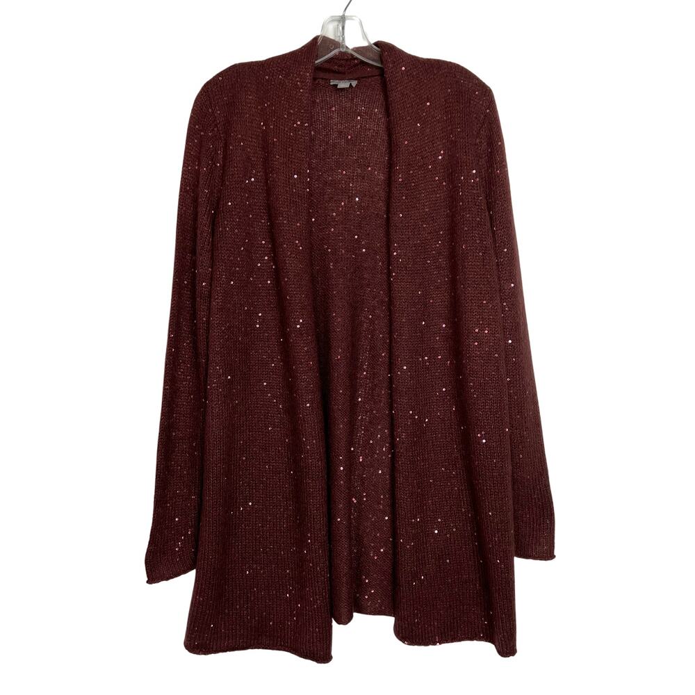 J. Jill Sequin Open Front Knit Cardigan Sweater Mohair Wine Womens Small